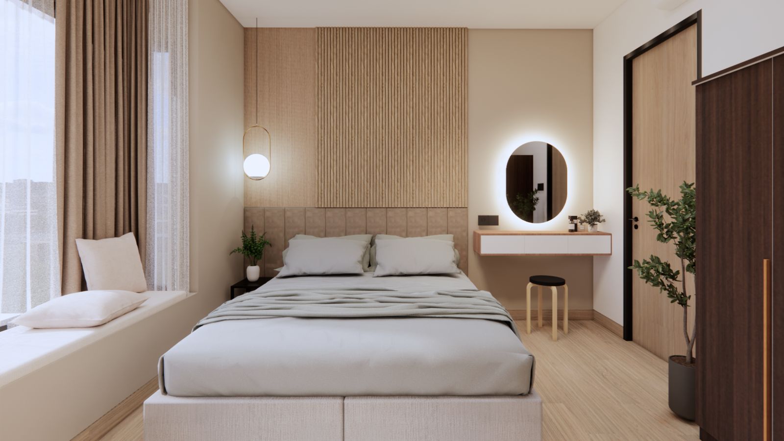 Render 3D: tempat tidur dengan dinding panel kayu, bangku jendela, dan meja rias dengan cermin oval