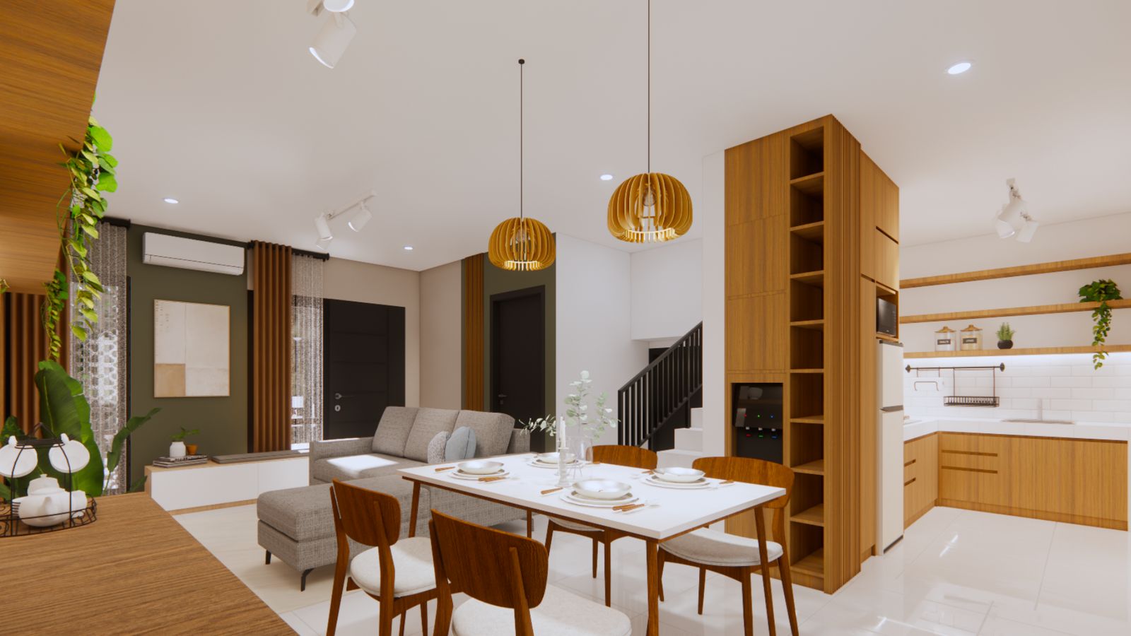 Render 3D: ruang keluarga dan ruang makan dengan lampu gantung kayu, rak kayu tinggi, dan dapur