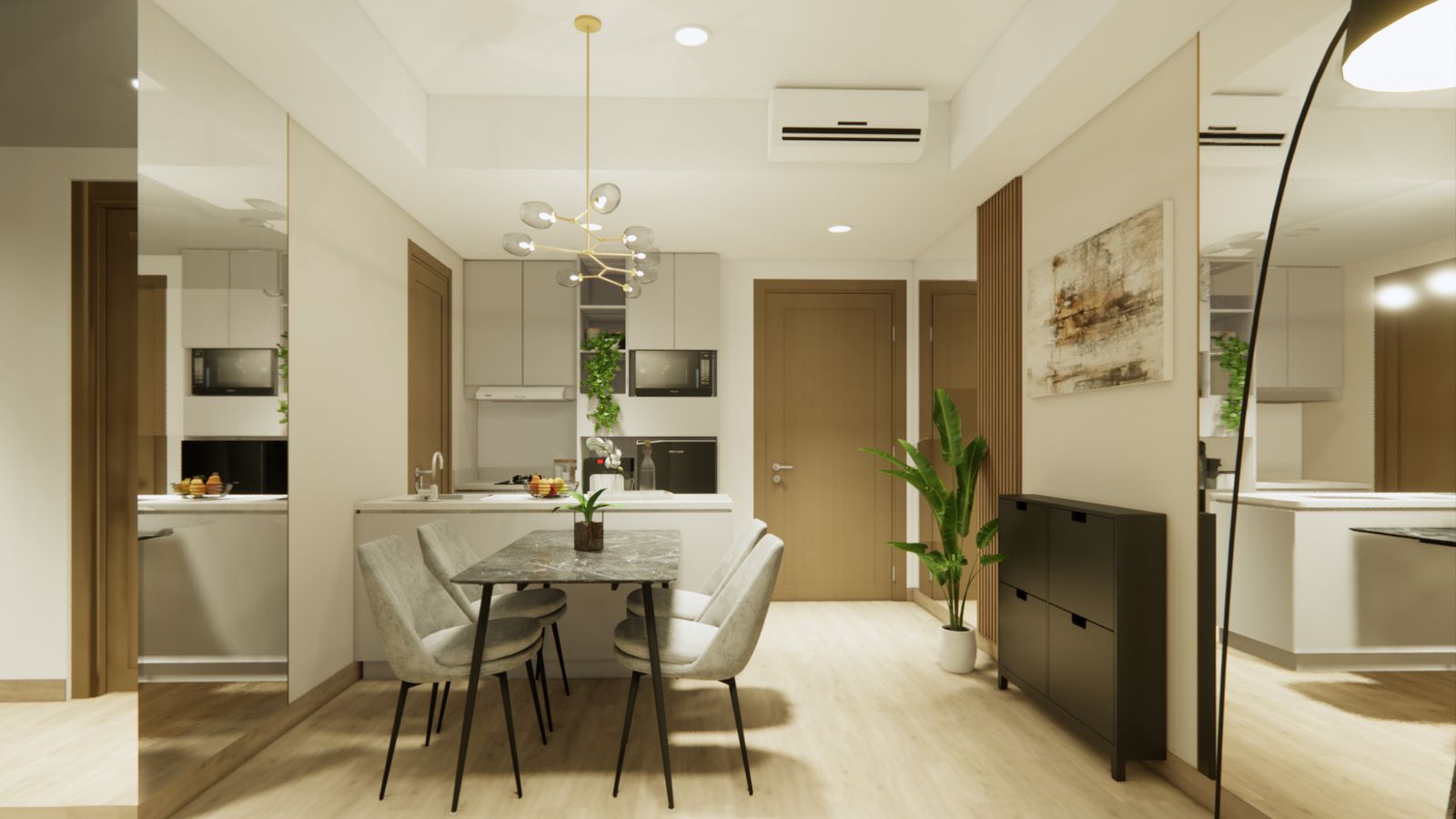Render 3D: meja makan dengan lampu gantung, dapur, dan pintu masuk